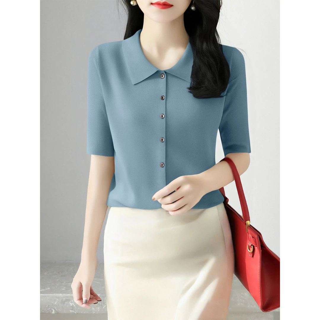 2025年夏季新款浅色系修身显瘦t恤女装POLO领设计五分袖遮肉上衣