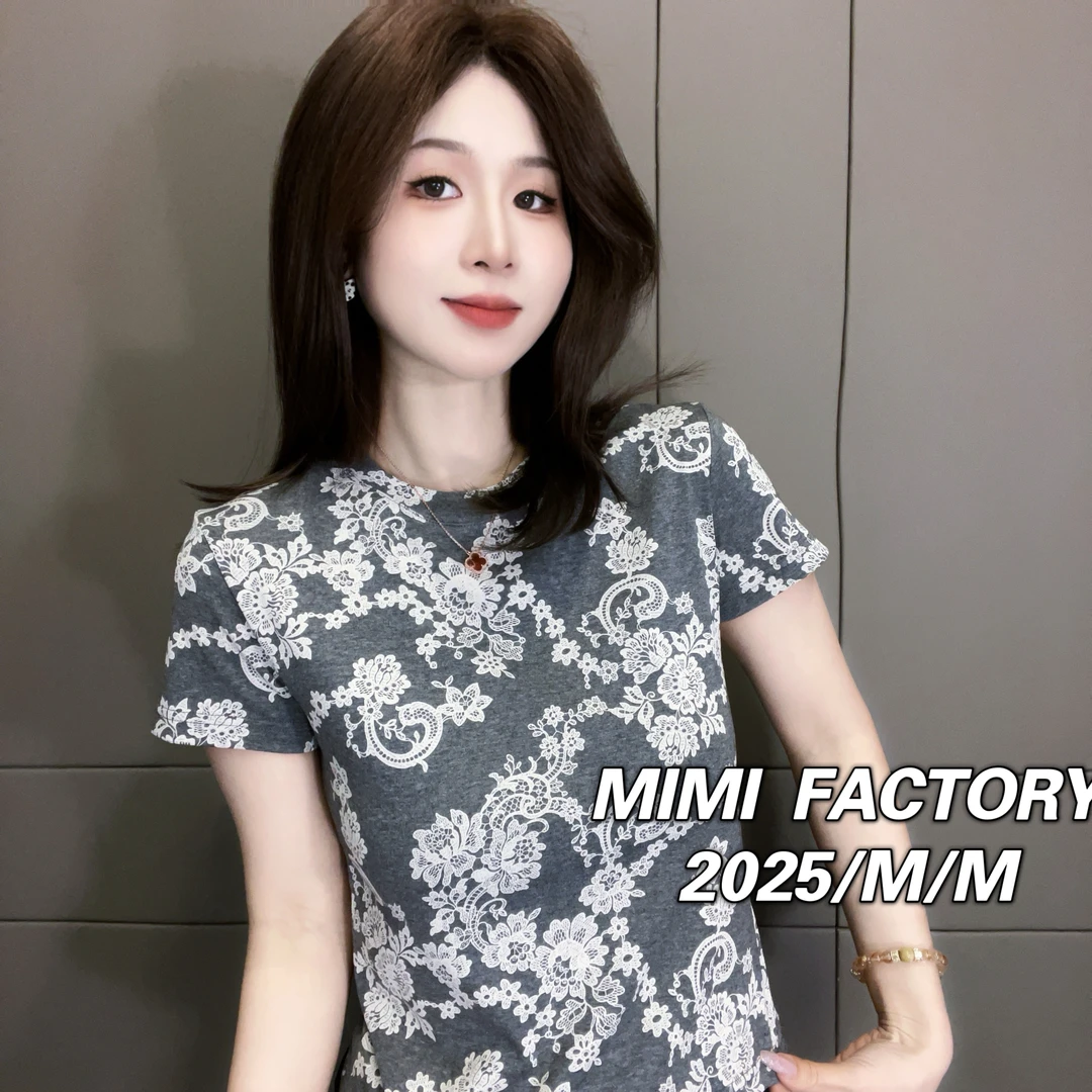 芈芈 2025新款短袖 欧货满印花卉T恤女修身显瘦时尚百搭上衣3397#