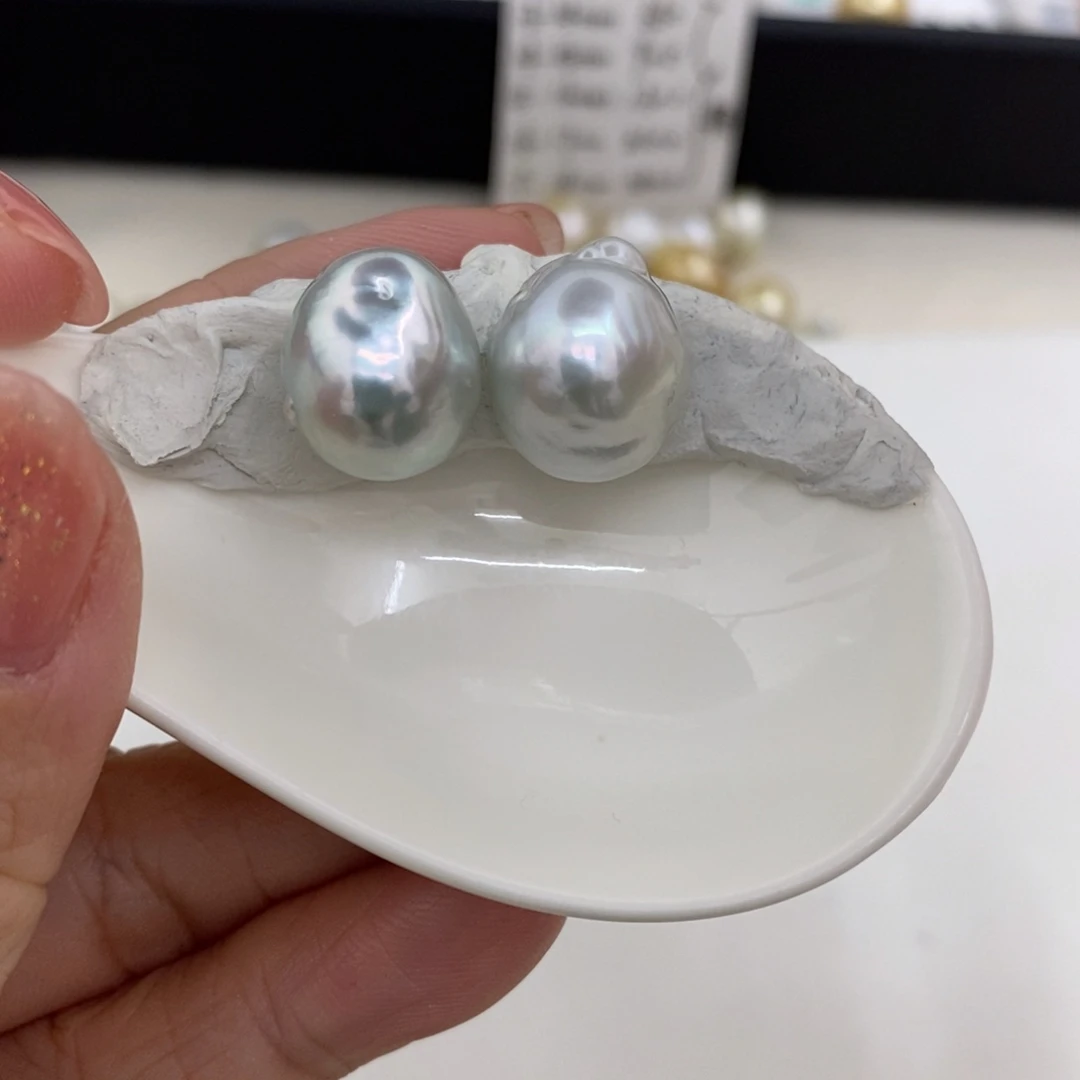海水珍珠裸珠未镶嵌澳白蓝雪巴洛克对珠13-14