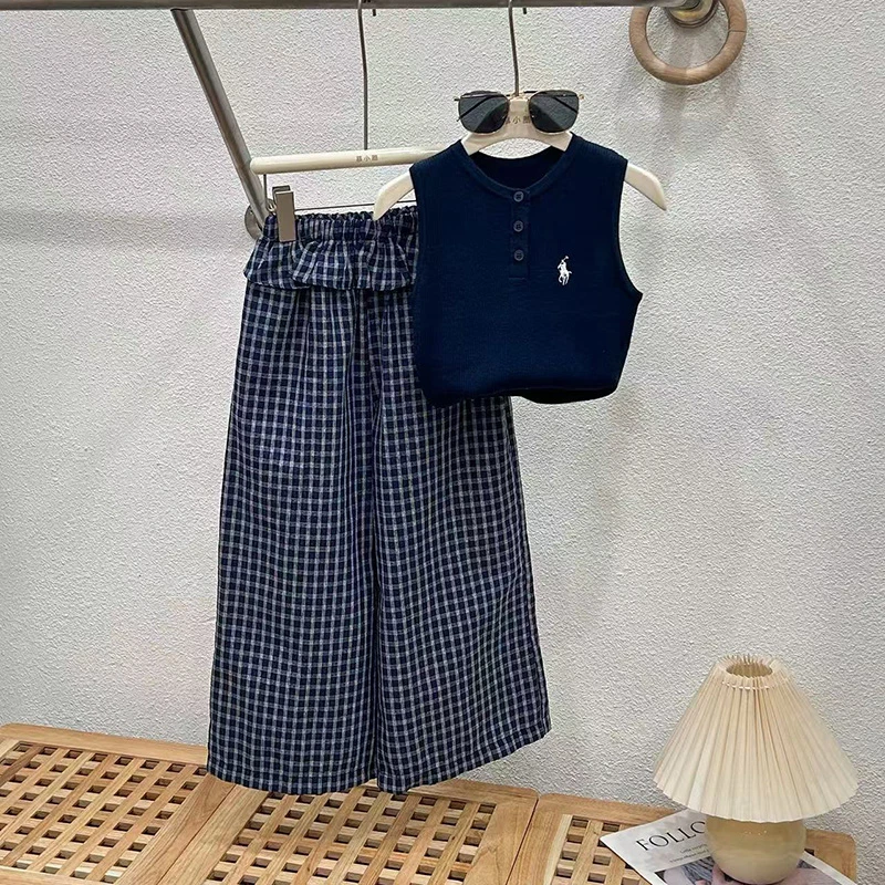女童阔腿裤套装2025新款儿童夏装裤子中大童格子裤洋气品质童装潮