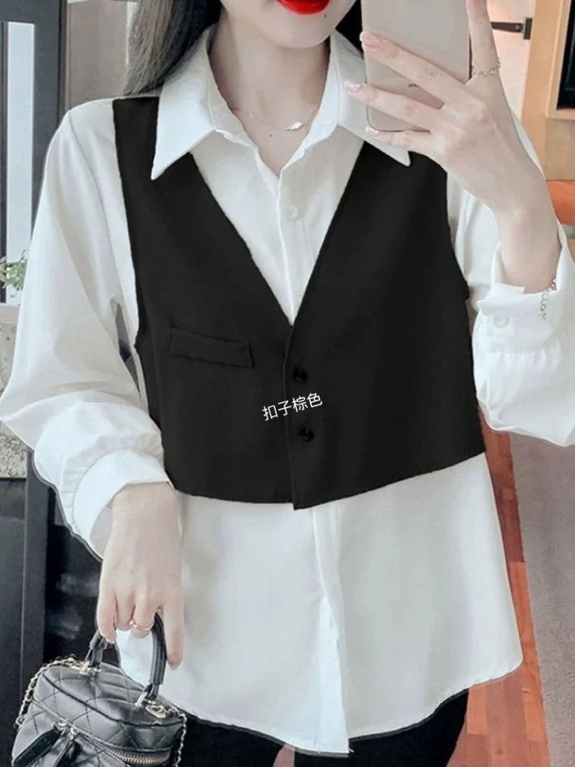 新疆包邮“逸致双影”9403#衣长60 马甲衬衣假两件(扣子棕色）