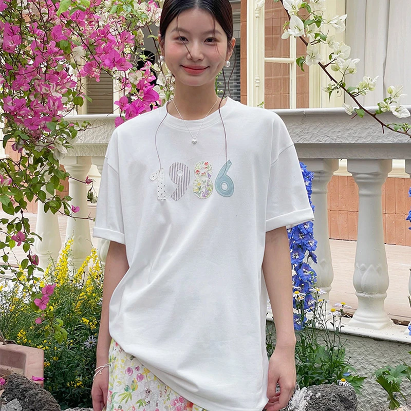 韩系通勤贴布字母印花短袖T恤女夏季流行时尚百搭宽松白色上衣