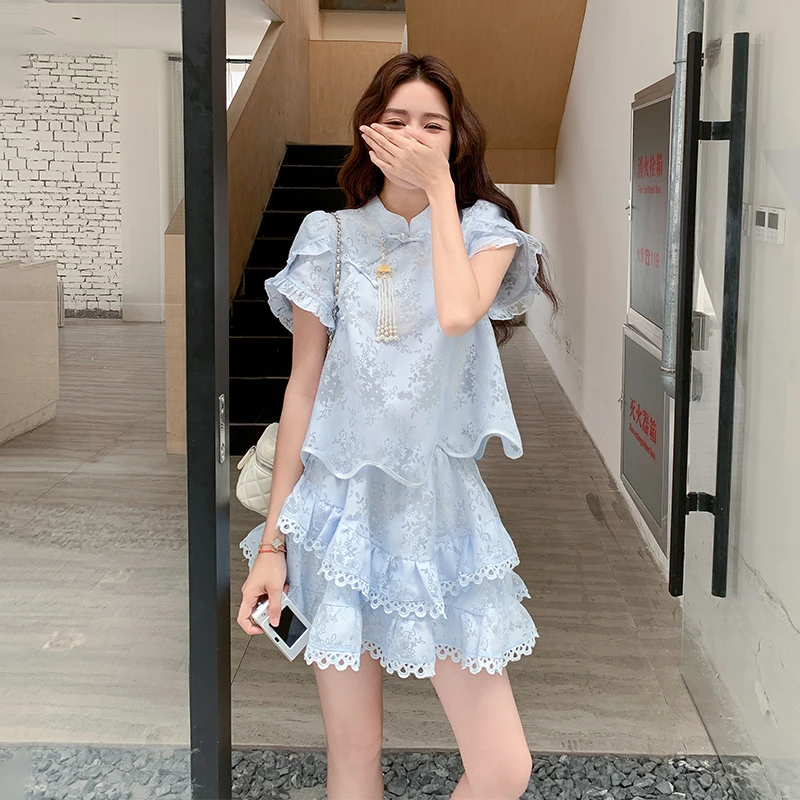 新中式国风甜美显瘦套装裙女夏季小个子蓝色蕾丝衬衫花边裙两件套