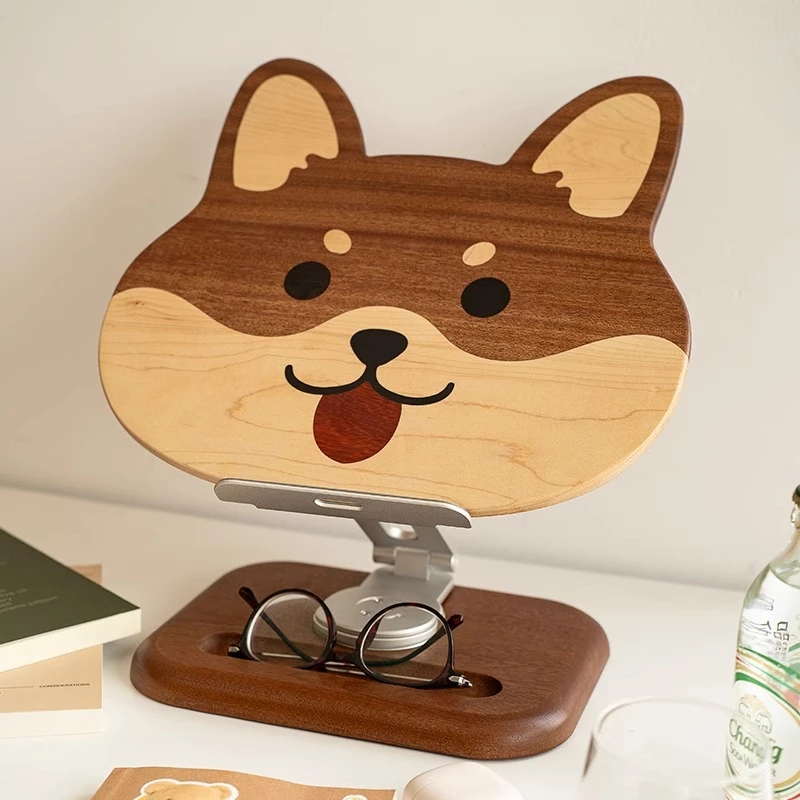 乌檀木柴犬笔记本平板支架桌面手机稳固可爱创意实木可调节升降台