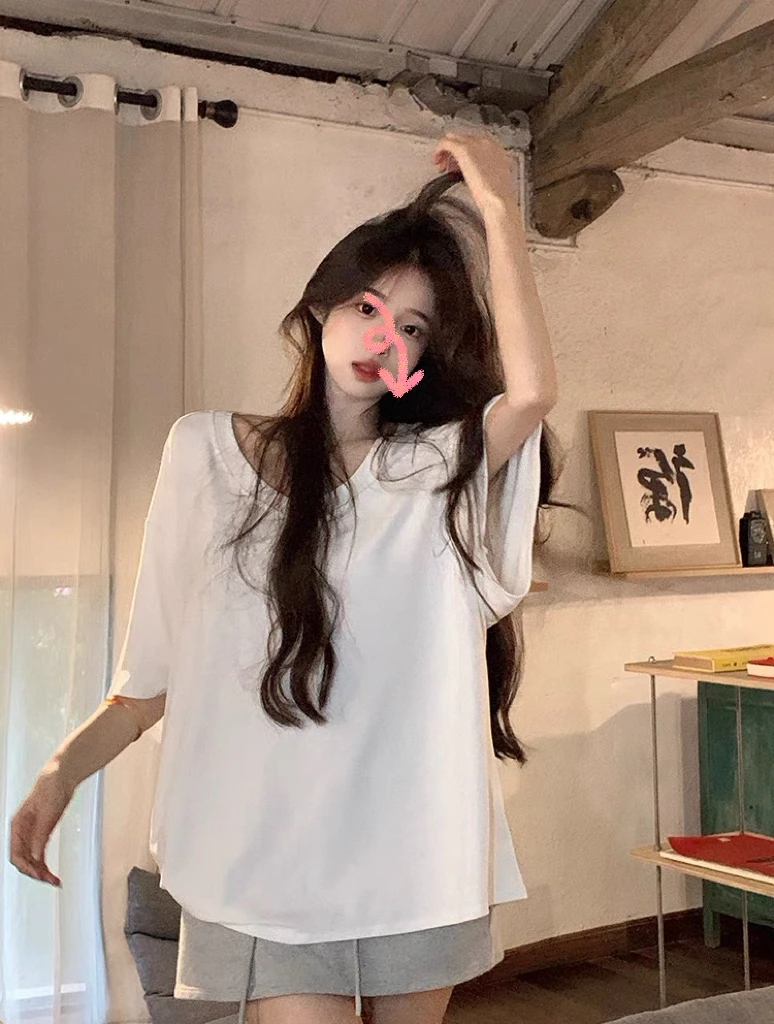 V领斜肩一字肩慵懒宽松夏季白色短袖t恤女中长款显瘦垂感半袖上衣