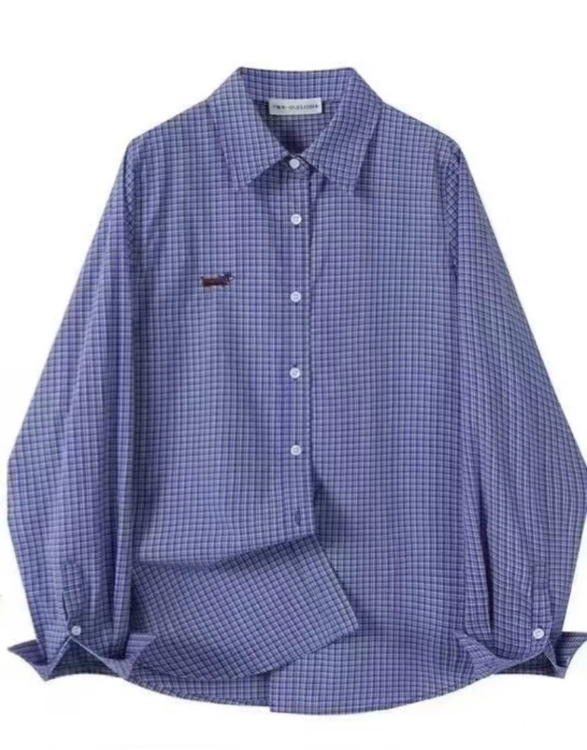 韩版小狗刺绣格子衬衫女长袖宽松显瘦百搭上衣