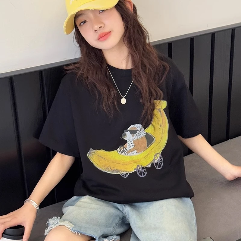 女童短袖T恤儿童卡通印花上衣2025夏季新款女大童半袖宽松打底衫