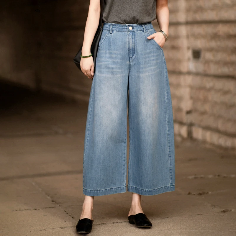 高腰宽松阔腿百搭牛仔裤复古水洗浅蓝微弹2025秋季新款显瘦休闲裤