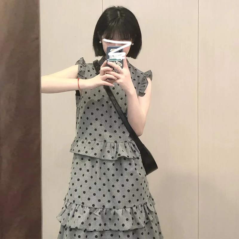 甜美法式飞飞袖波点连衣裙2024新款小个子设计感蛋糕长裙2198