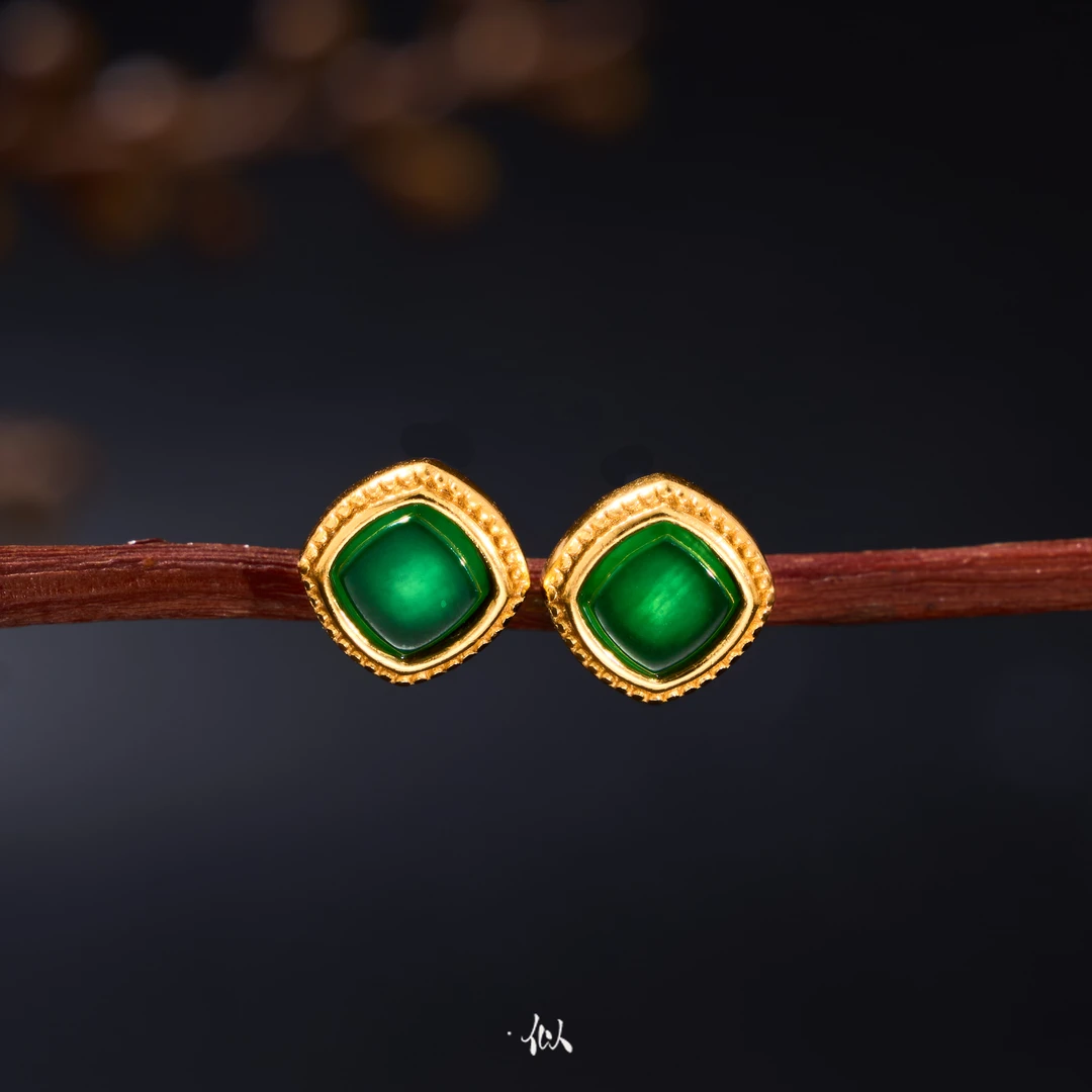 【尘微】·似梓珠宝· 翡翠方块耳钉  SZCC440626