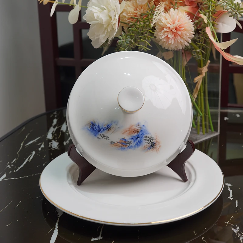 中式山水纹描金骨瓷带汤碗 复古风家用大号鲍鱼盘轻奢陶瓷带盖