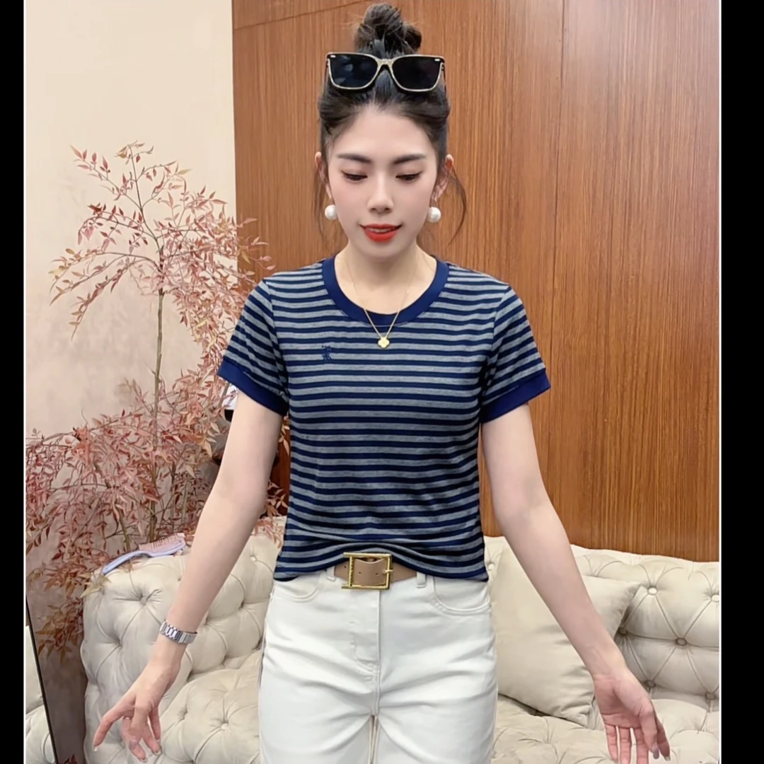 月月家,新款小马刺绣百搭条纹短袖T恤812