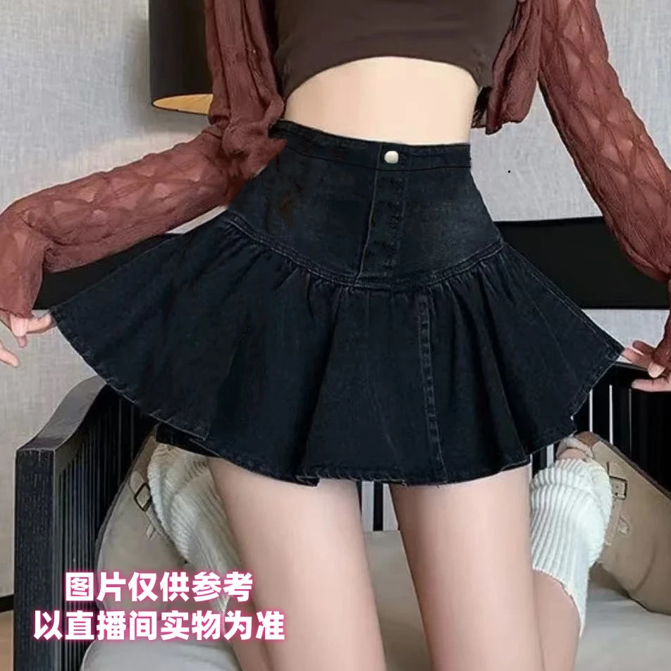 胖汐--蛋糕百褶水洗牛仔短裙裤裙防走光设计感中高腰不规则