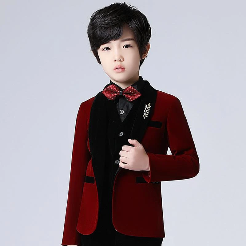 儿童西装套装男童花童礼服2024新款主持人红色西服钢琴演出服冬季