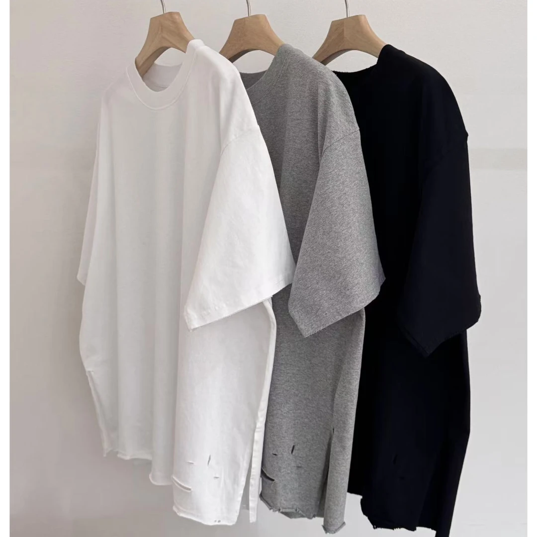 【纯色大版T】皇冠2025韩版简约侧边开叉宽松中长款圆领短袖T恤女