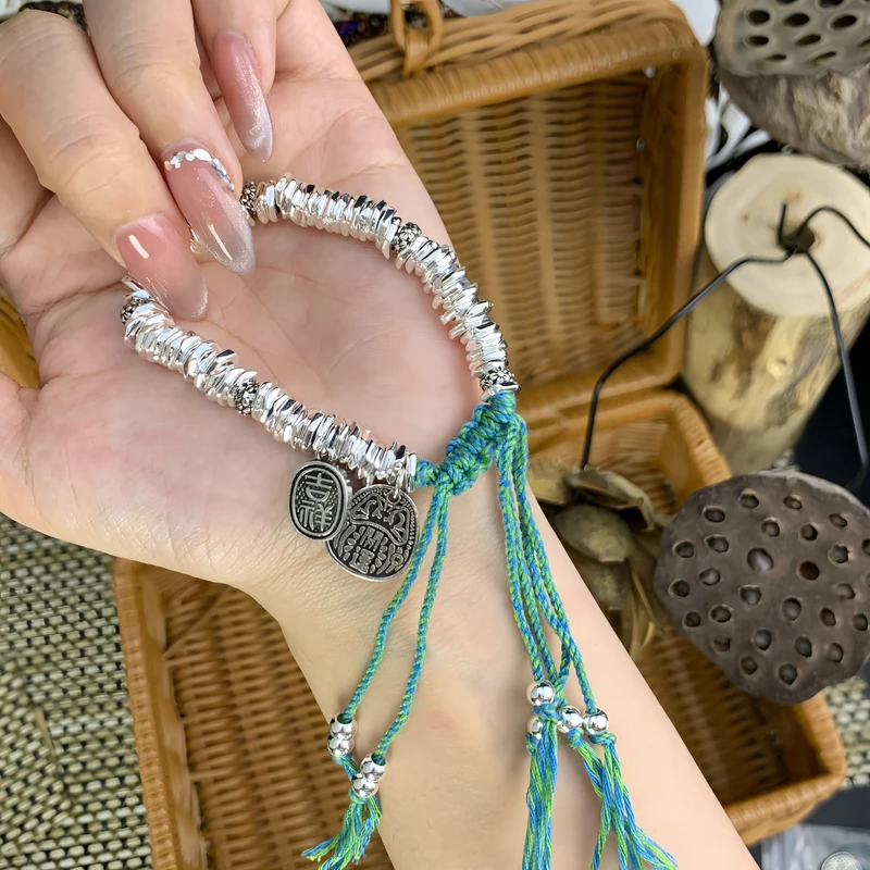 足银手链 【H23】34g999.9绿盘缠手链手工编织民族风时尚百搭手作