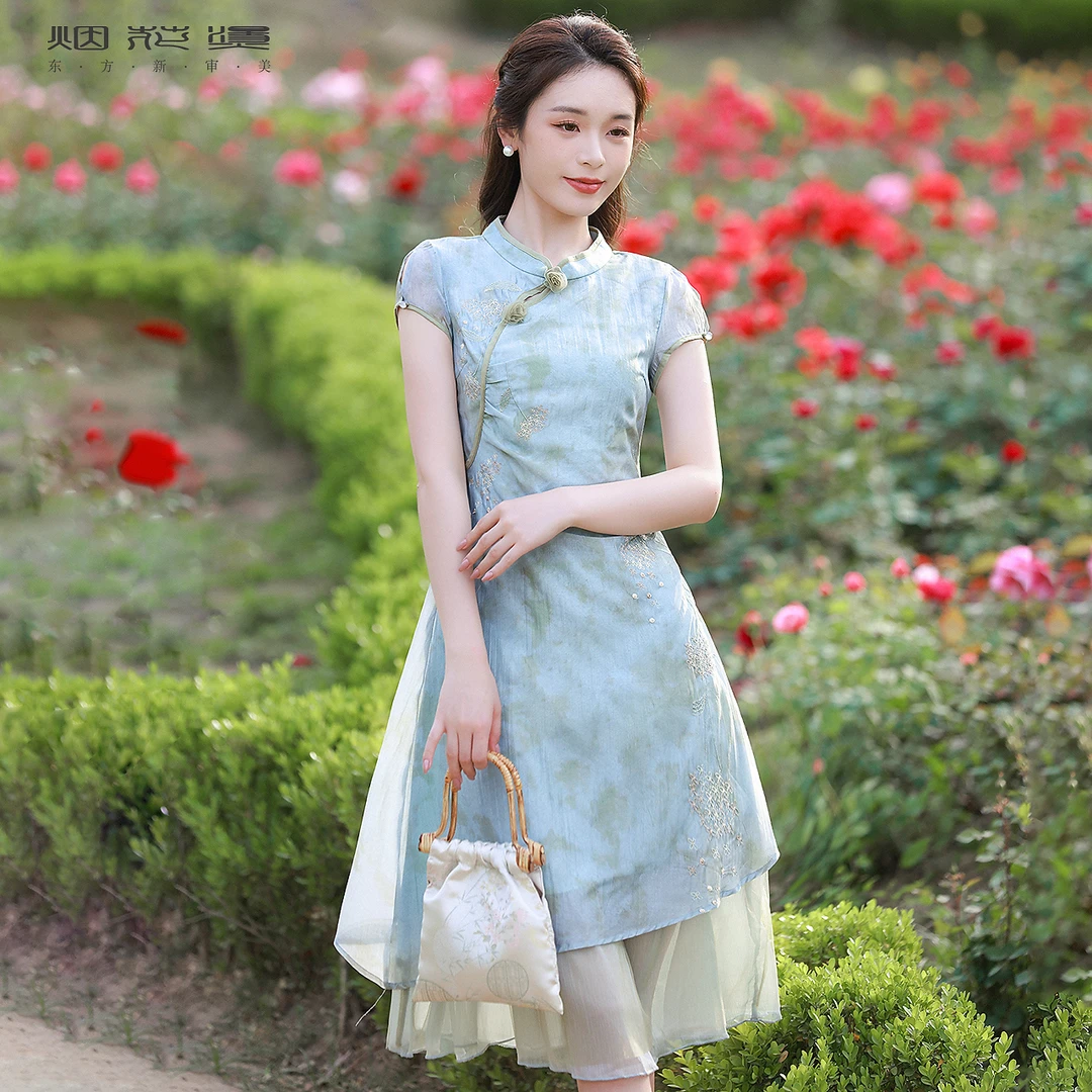 烟花烫复古改良旗袍 2025夏季新款气质蓝色收腰新中式连衣裙 柑美