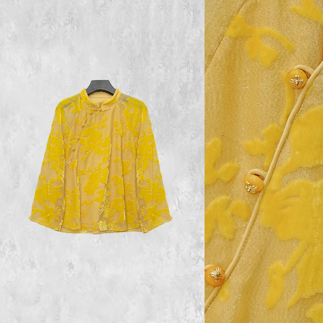 【莺歌】气质新中式中国风斜襟立领丝绒盘扣衬衫上衣MCFSY0565