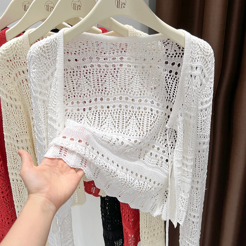 白色新款系带针织镂空开衫上衣女夏季外搭薄款透气防晒罩衫短外套