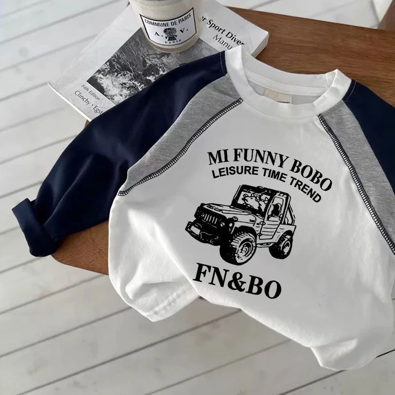 春秋新款韩版潮t儿童纯棉长袖T恤插肩袖卡通男女童圆领拼色打底衫