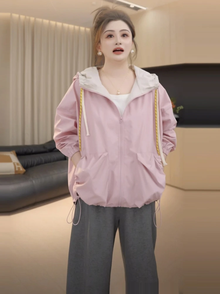 胖佳大码设计感抽绳休闲连帽外套女秋季胖mm减龄宽松显瘦外搭上衣