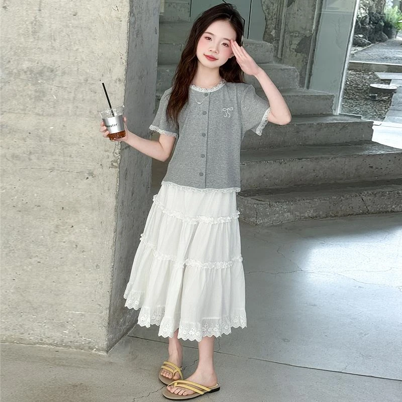 女童夏季裙子套装2025新款儿童洋气时髦短袖t恤女大童夏装半身裙