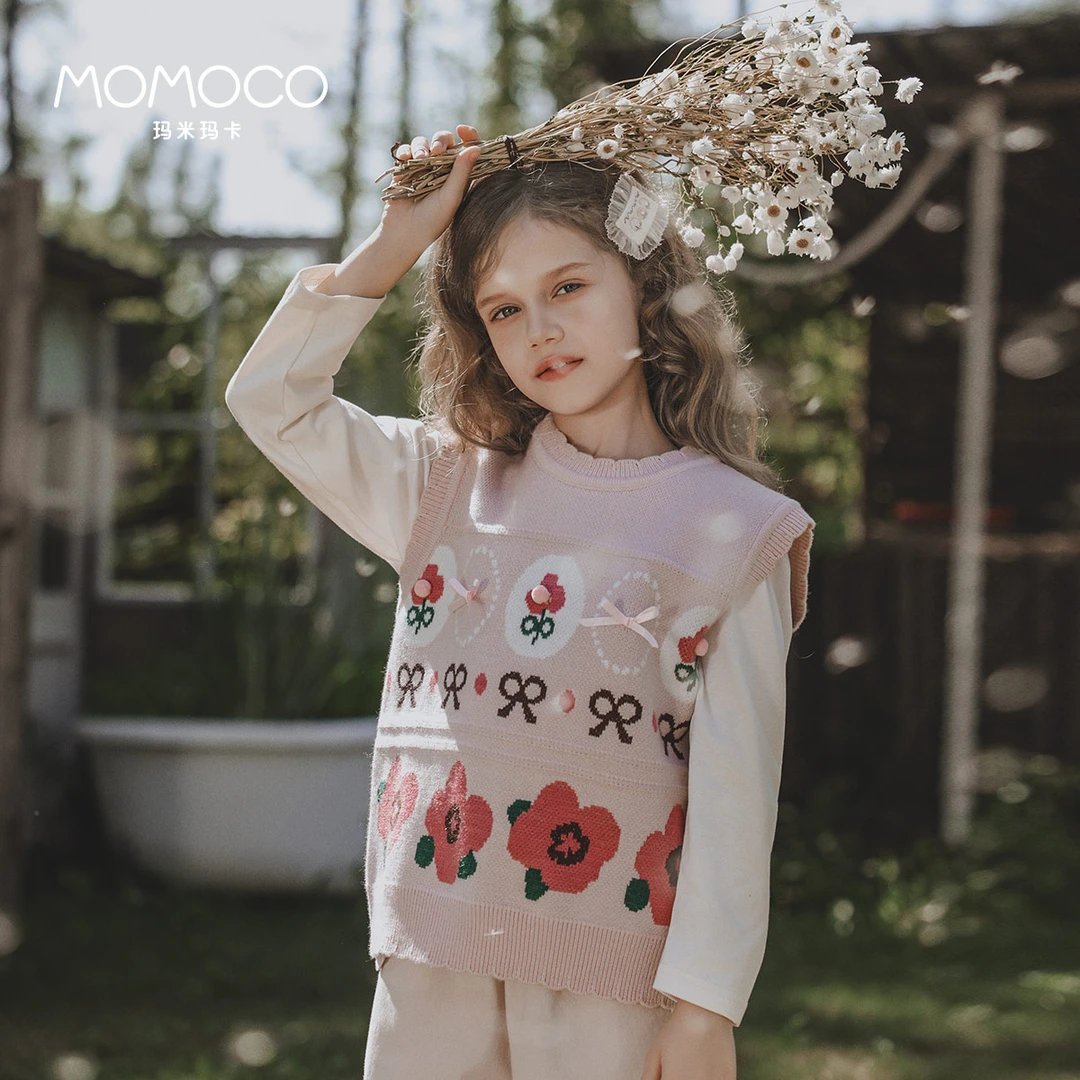 MOMOCO秋季女童时尚洋气甜美蝴蝶结花朵马甲77780238006