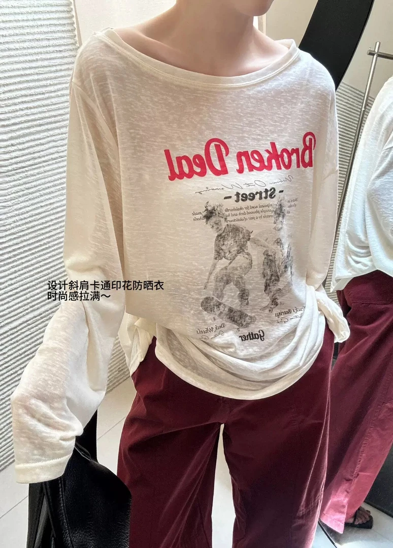 新款显瘦宽松防晒T恤女韩版时尚印花长袖小众韩系纯欲慵懒风女装