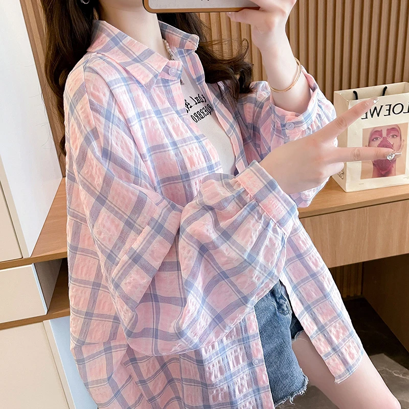 防晒衣女款夏季时尚宽松透气薄款开衫空调服2025新款格子衬衫外套
