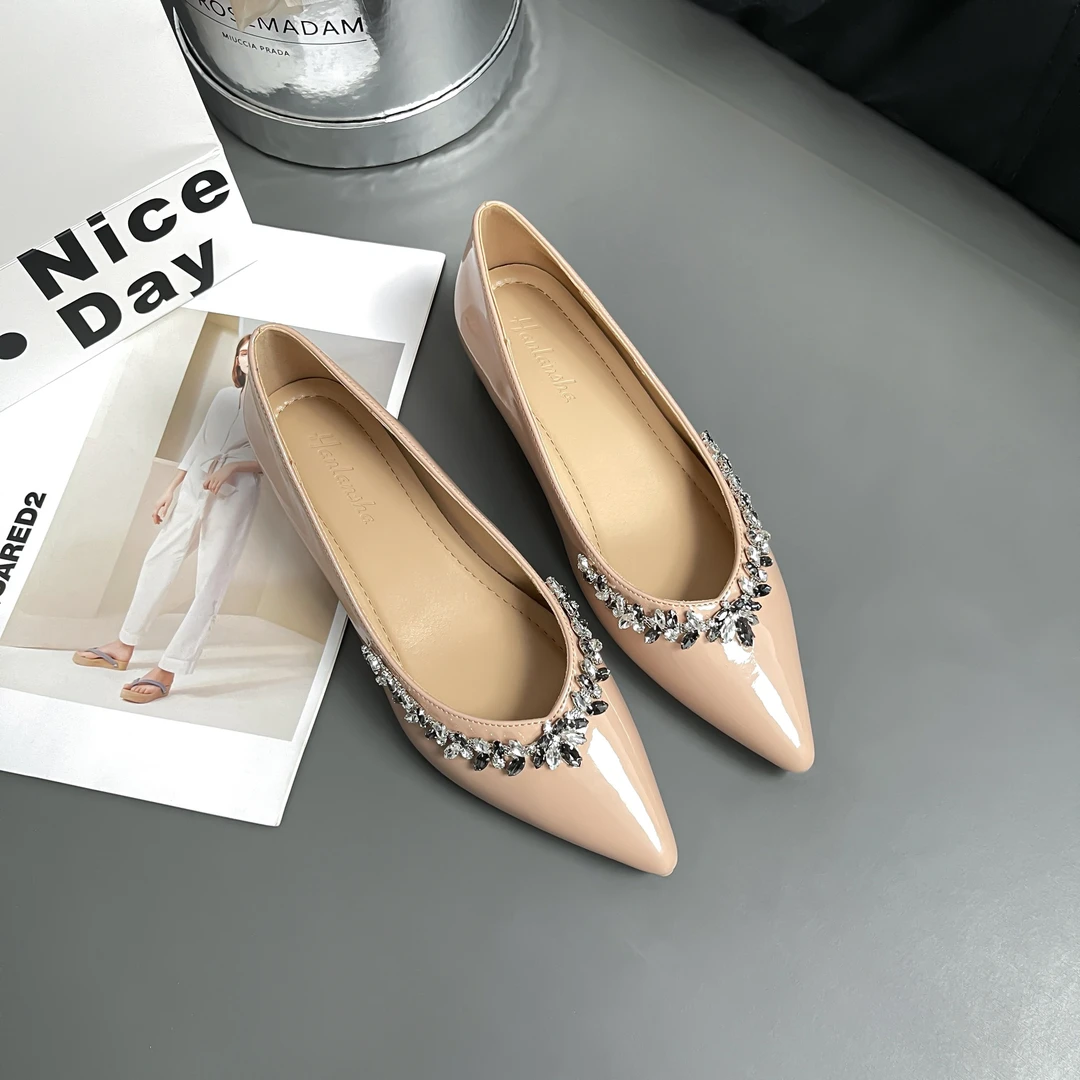 尖头小个子内增高5cm单鞋气质温柔裸色水钻软漆皮配裙子晚晚鞋子