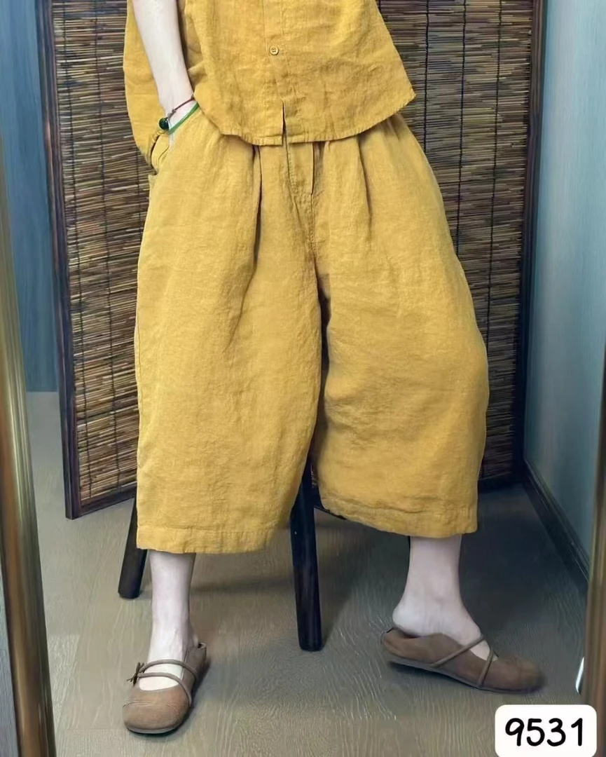 宽松大码女装砂洗仿亚麻阔腿萝卜裤松紧腰系带文艺简约休闲