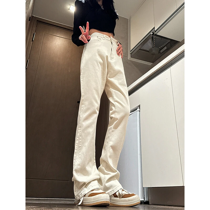米白色牛仔裤直筒裤子男潮流百搭修身美式vibe高街微喇高腰加长裤