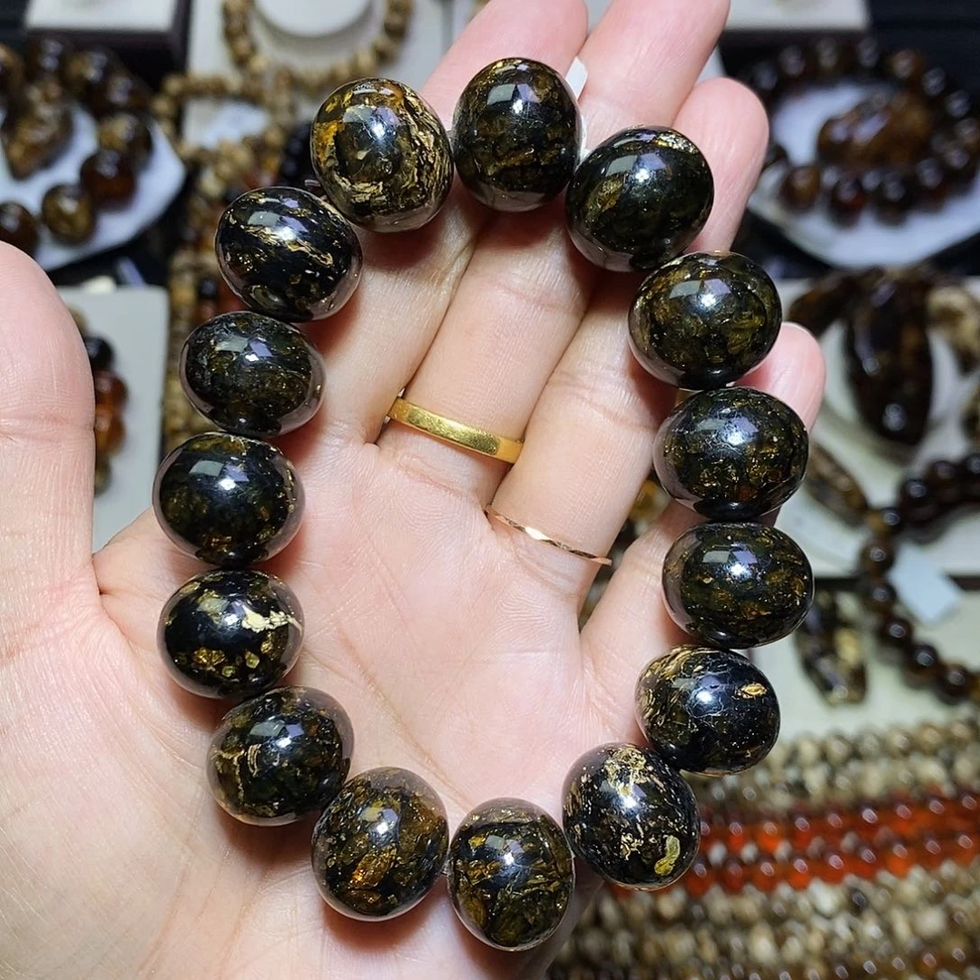 琥珀未镶嵌裸石 黑花16mm