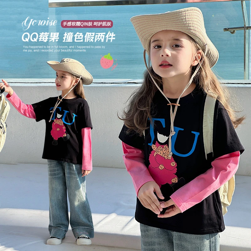 【190G精梳棉•】女童假两件T恤2025春装新款儿童卡通上衣洋气亲子