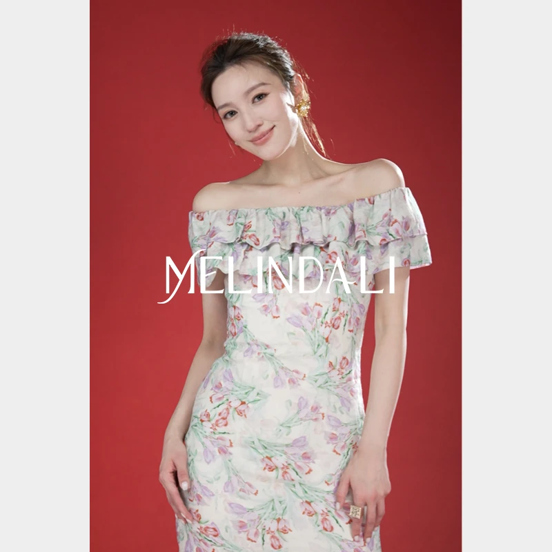 Melinda LI【鲜花市集】法式天丝苎麻印花双层荷叶边中长款连衣裙