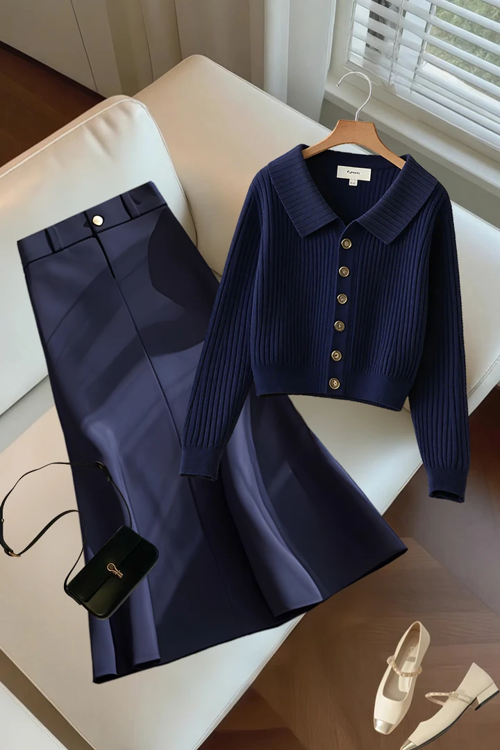 流行时尚潮牌穿搭一整套洋气显瘦翻领上衣气质高腰半身裙两件套女