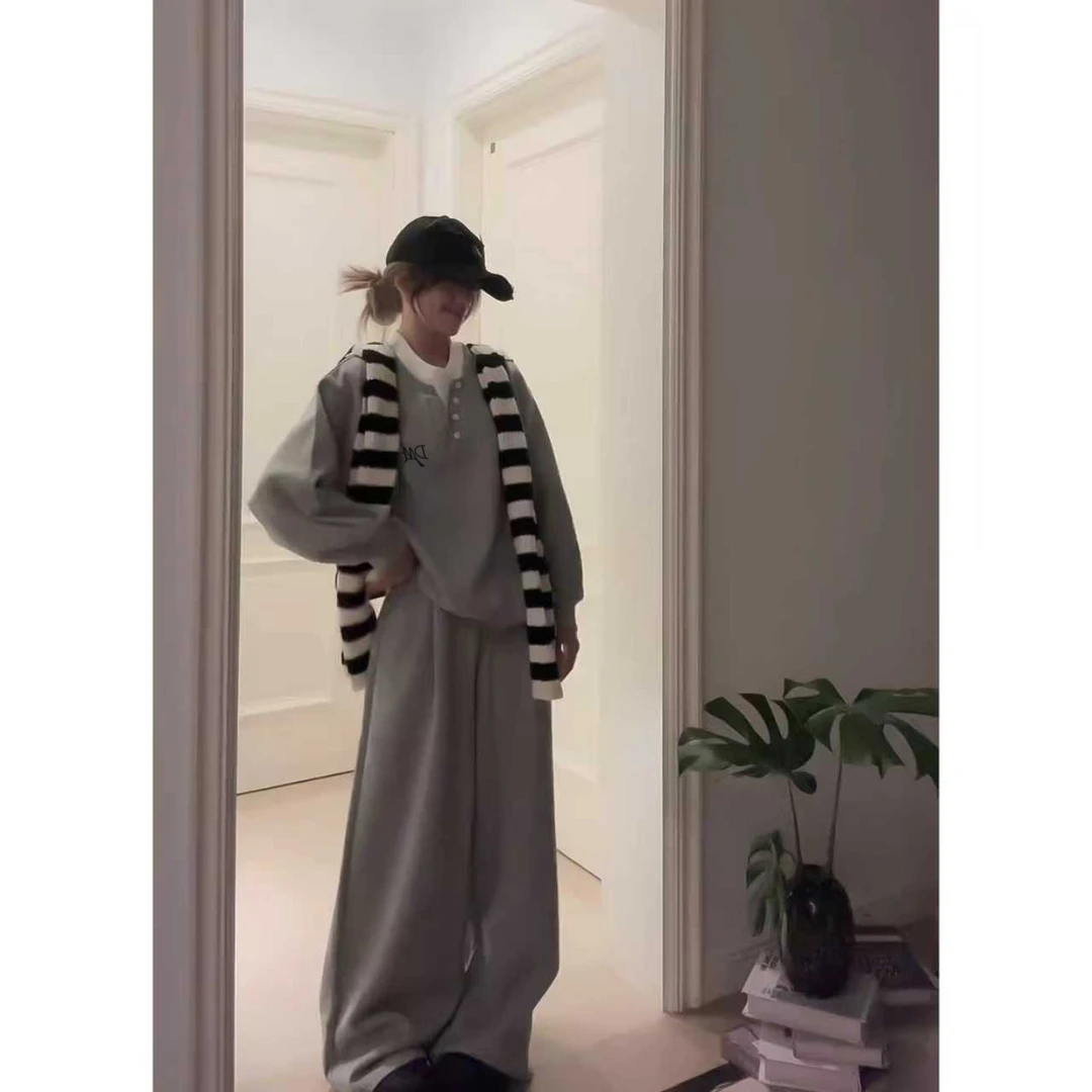 新款韩系时尚披肩长袖秋冬卫衣女慵懒风百搭宽松休闲运动三件套