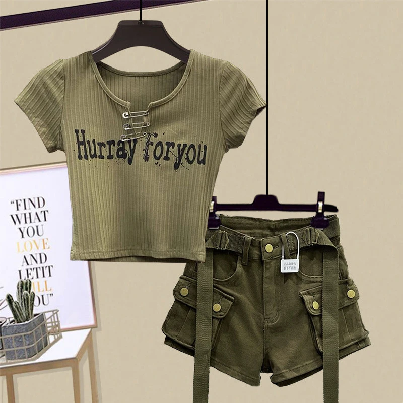 美式酷拽辣妹套装女夏季新款军绿色设计感上衣牛仔工装短裤两件套