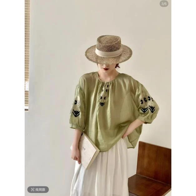 夏季新款休闲显瘦百搭减龄森系宽松苎麻刺绣复古通勤灯笼袖上衣