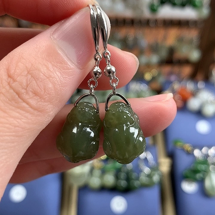 和田玉银S925镶嵌耳饰貔貅耳环