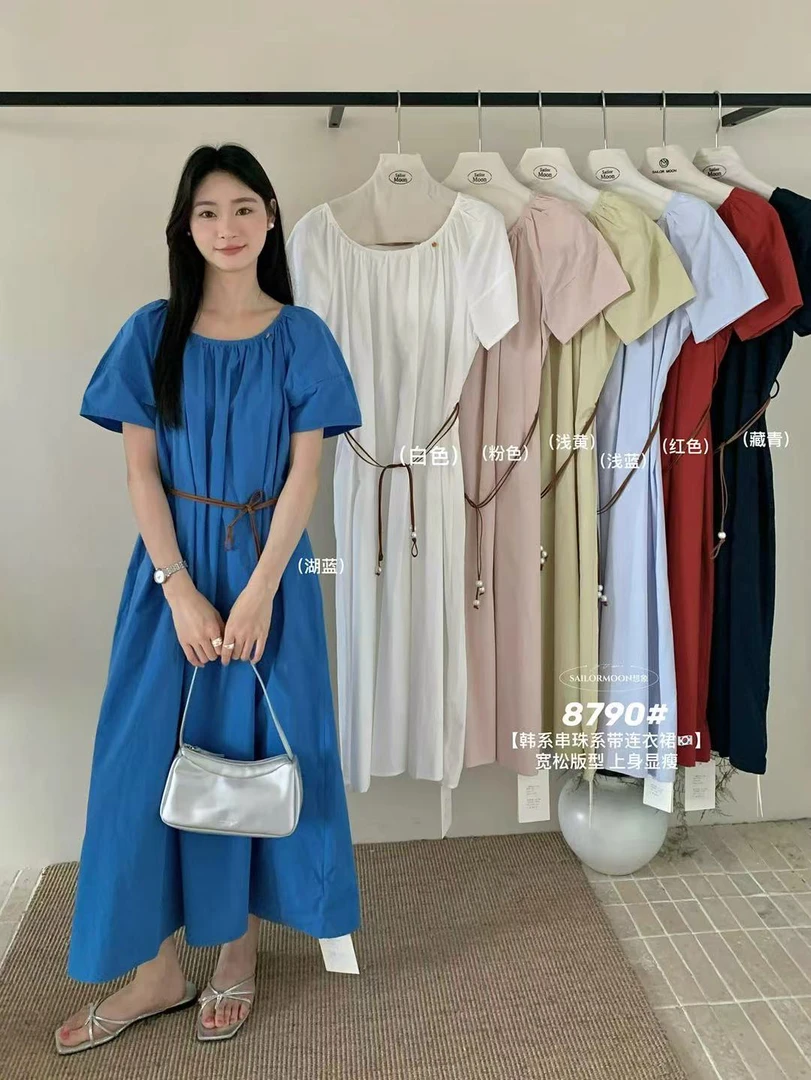 想象@8790 韩系极简宽松显瘦串珠系带连衣裙 6-5