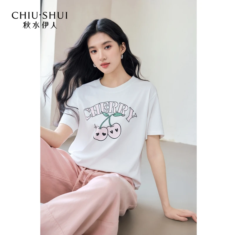 秋水伊人圆领印花T恤2025年夏季新款百搭宽松上衣625204C200521