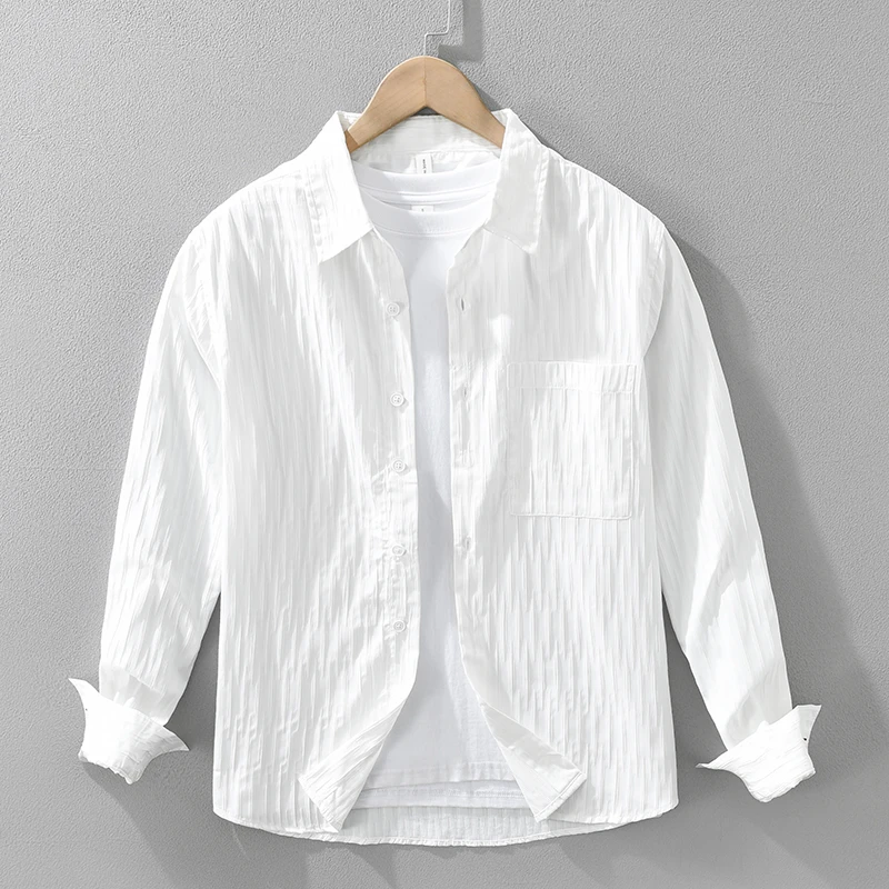 立体暗纹长袖衬衫男士宽松薄款百搭透气高级感休闲衬衣春季泡泡纱