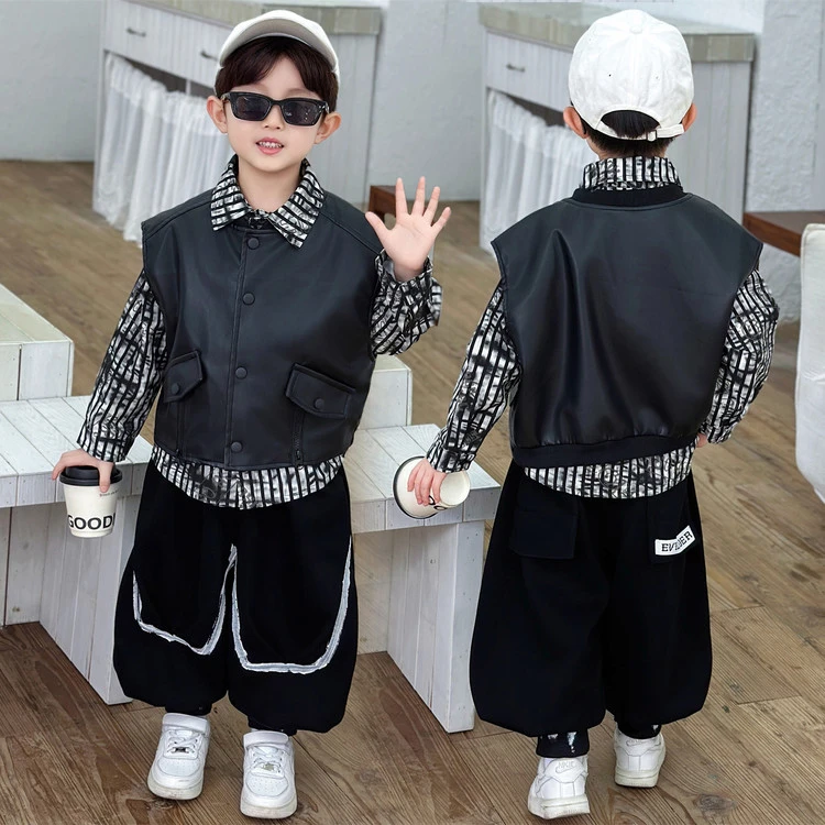 男童秋季套装痞帅儿童宽松马甲2025新款小男孩秋装休闲卫裤三件套