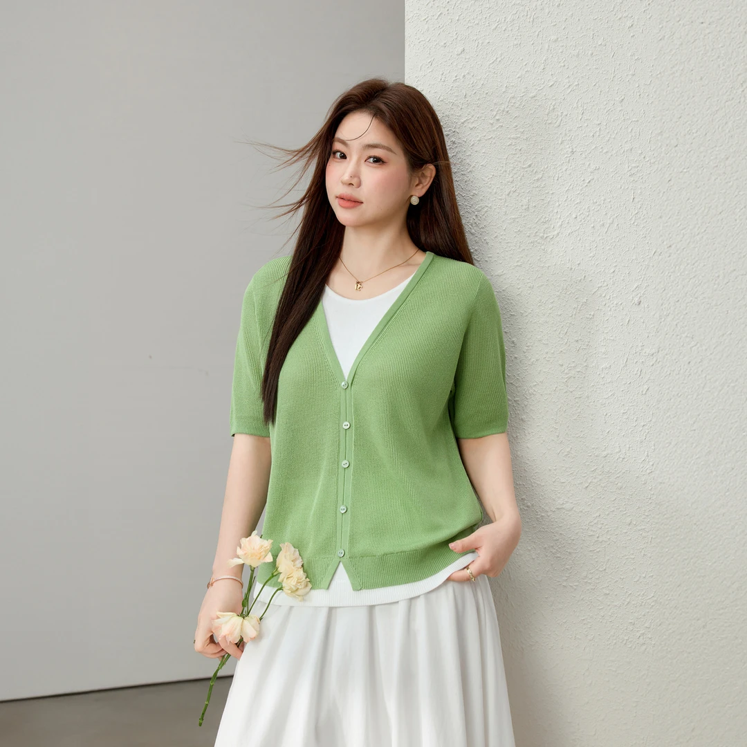 【浪屿轻语】纤莉秀W大码女装欧若风莱赛尔混纺假两件针织衫QK2340