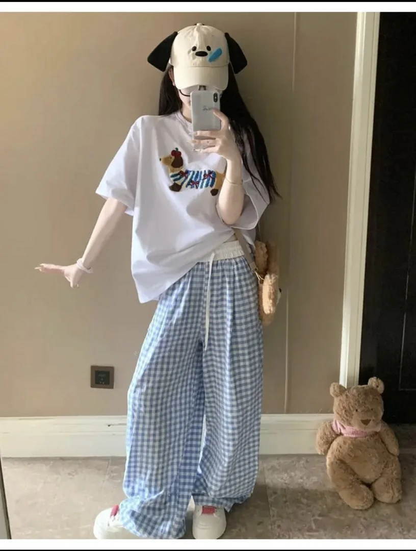 格子裤多巴胺ins女夏季透气印花薄款凉凉裤直筒休闲宽松