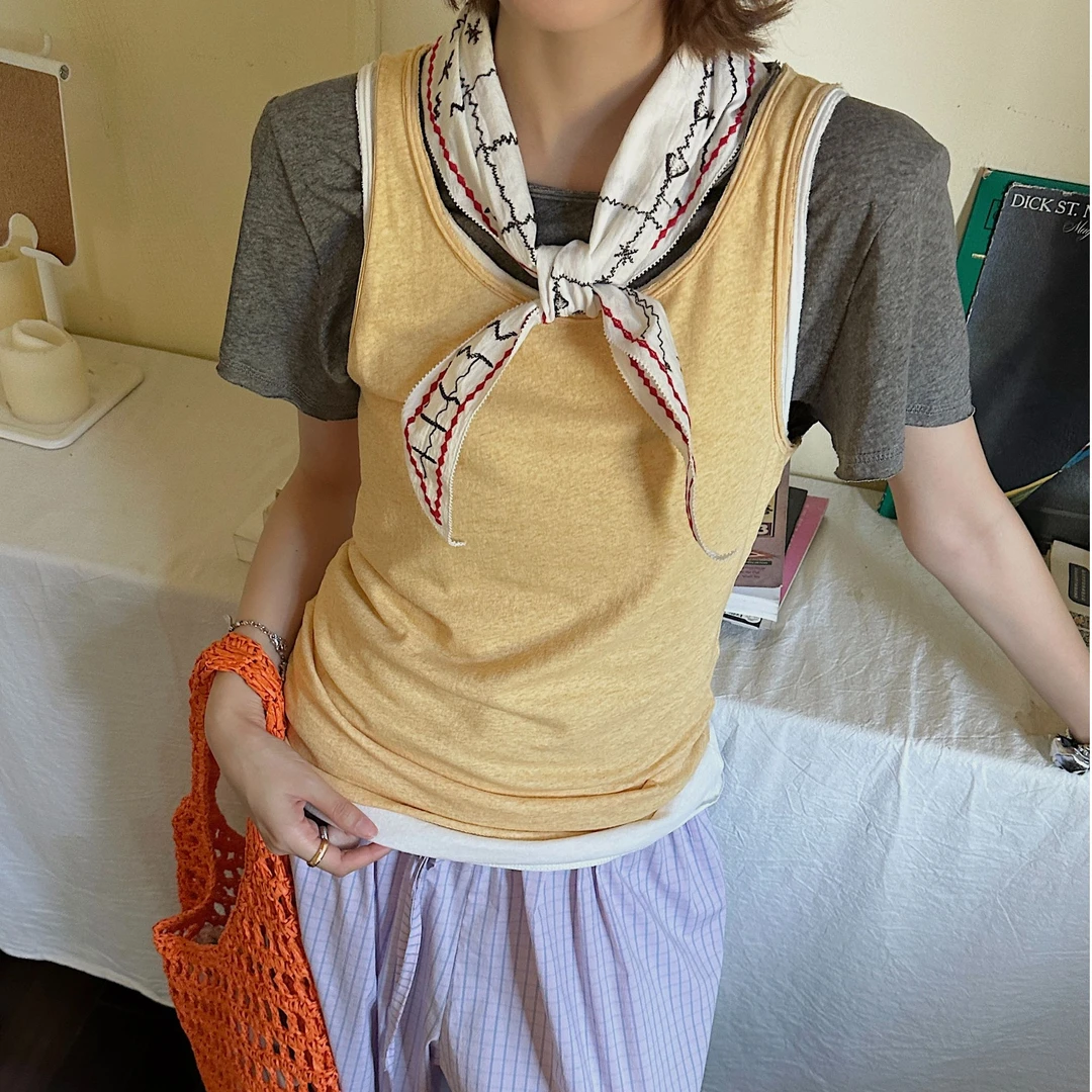 Rerek毛边做旧染色不规则修身高弹针织背心