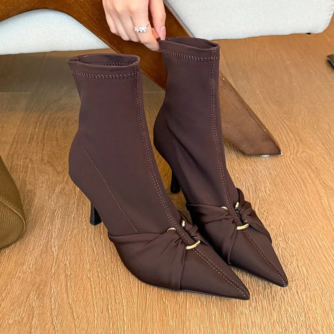 复古高级！热巧尖头金属扣高跟短靴绸缎弹力瘦瘦靴子