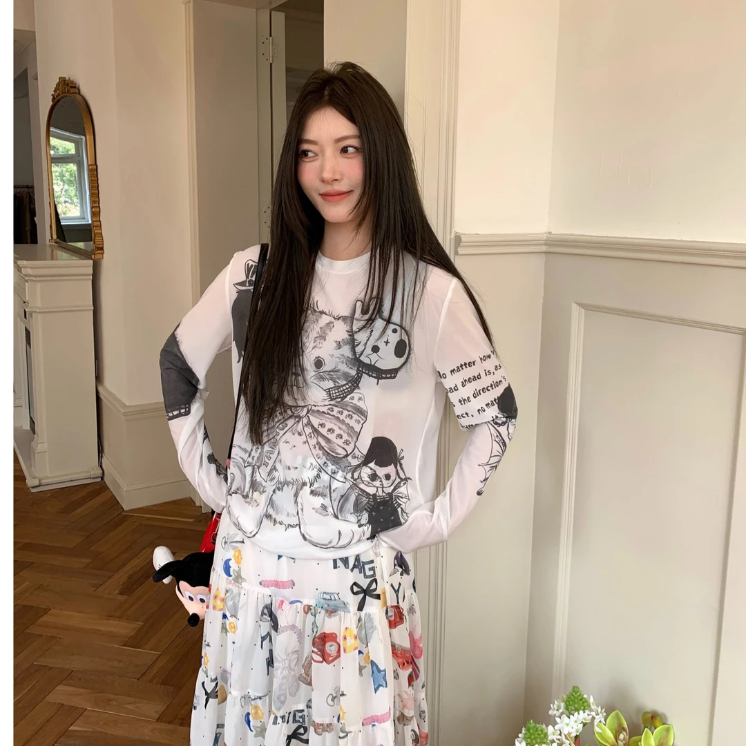 YANAG 杨淦 25SS春夏新款 蝴蝶结小猫玩具印花长袖T恤