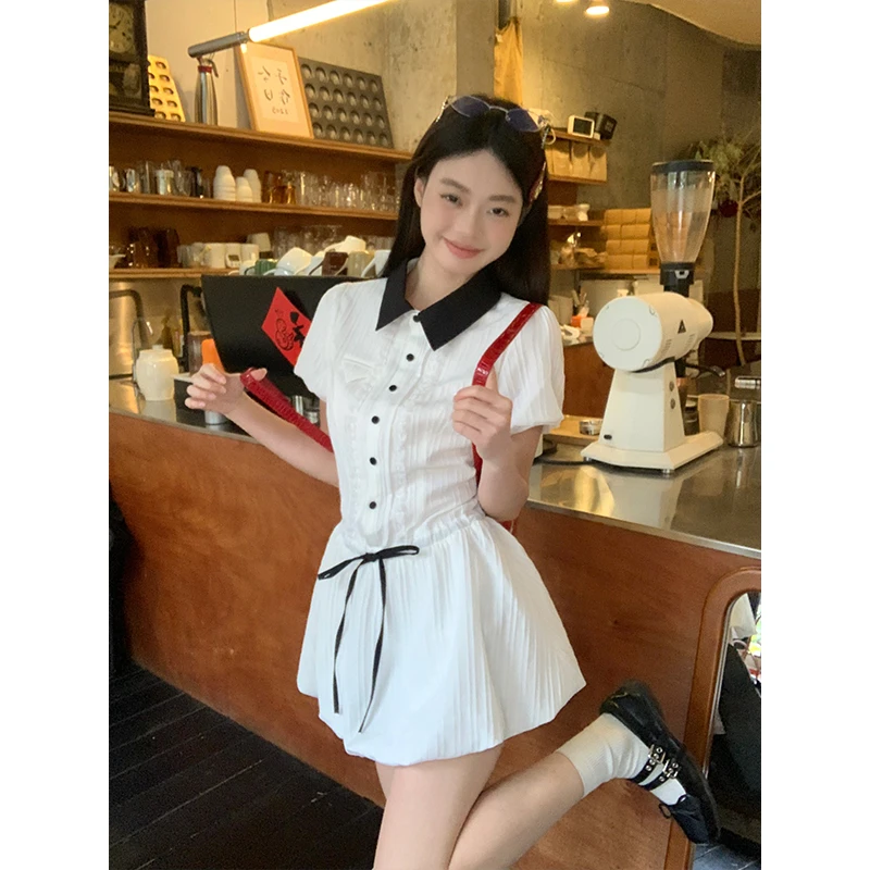 宋正恩白色衬衫连衣裙女夏季气质收腰显瘦学院风套装短裙ZSSL1310